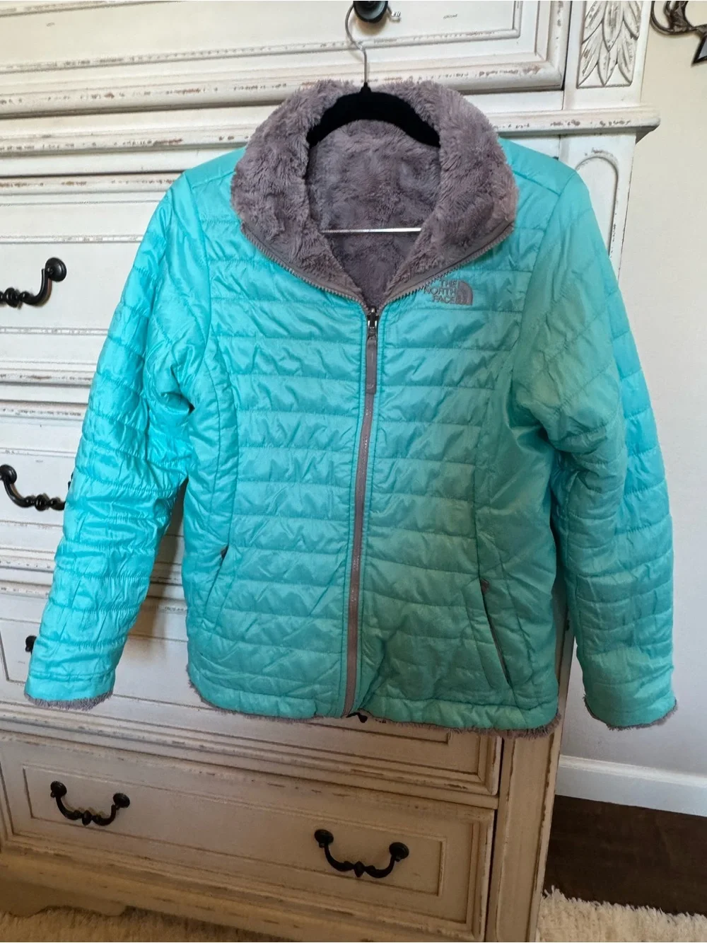 The North Face Girl’s Fuzzy Reversible Jacket - Grey and Aqua